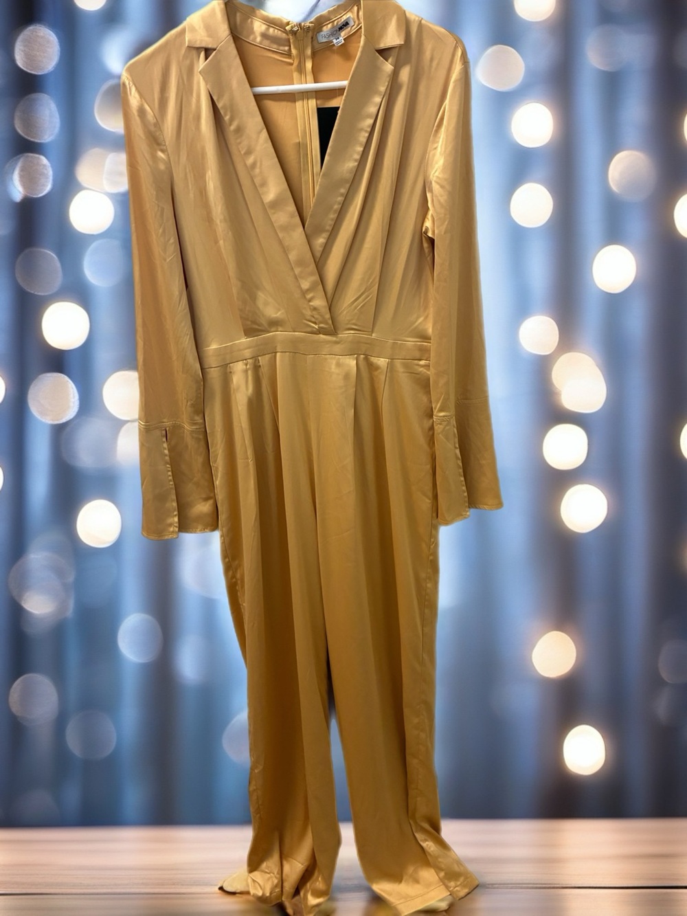 Fashion Nova Gold Satin Jumpsuit - V-Neck Long Sleeve Women’s Size M